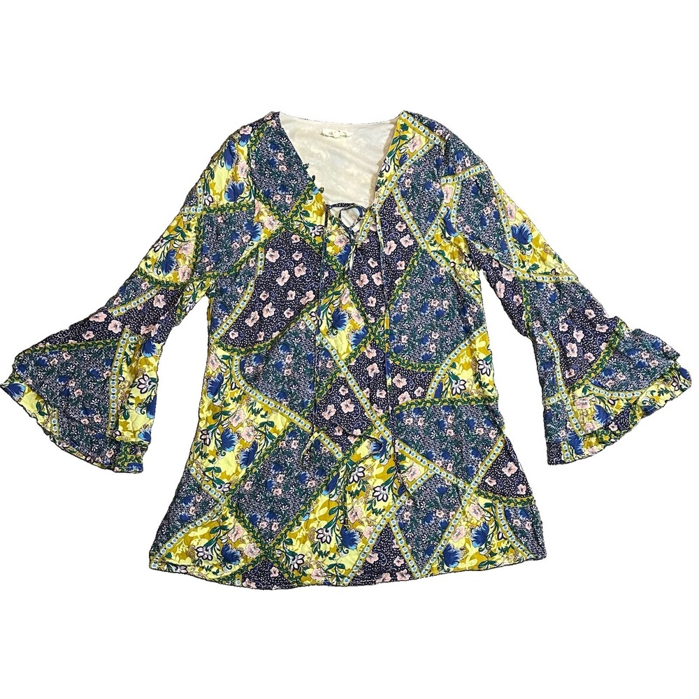 Entro Women's LARGE Floral Colorful Bell Sleeves Boho 70's Tunic Patchwork Fairy